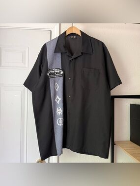 NWT STEADY x World of Warcraft black bowling logo‎ patch stripe button up shirt